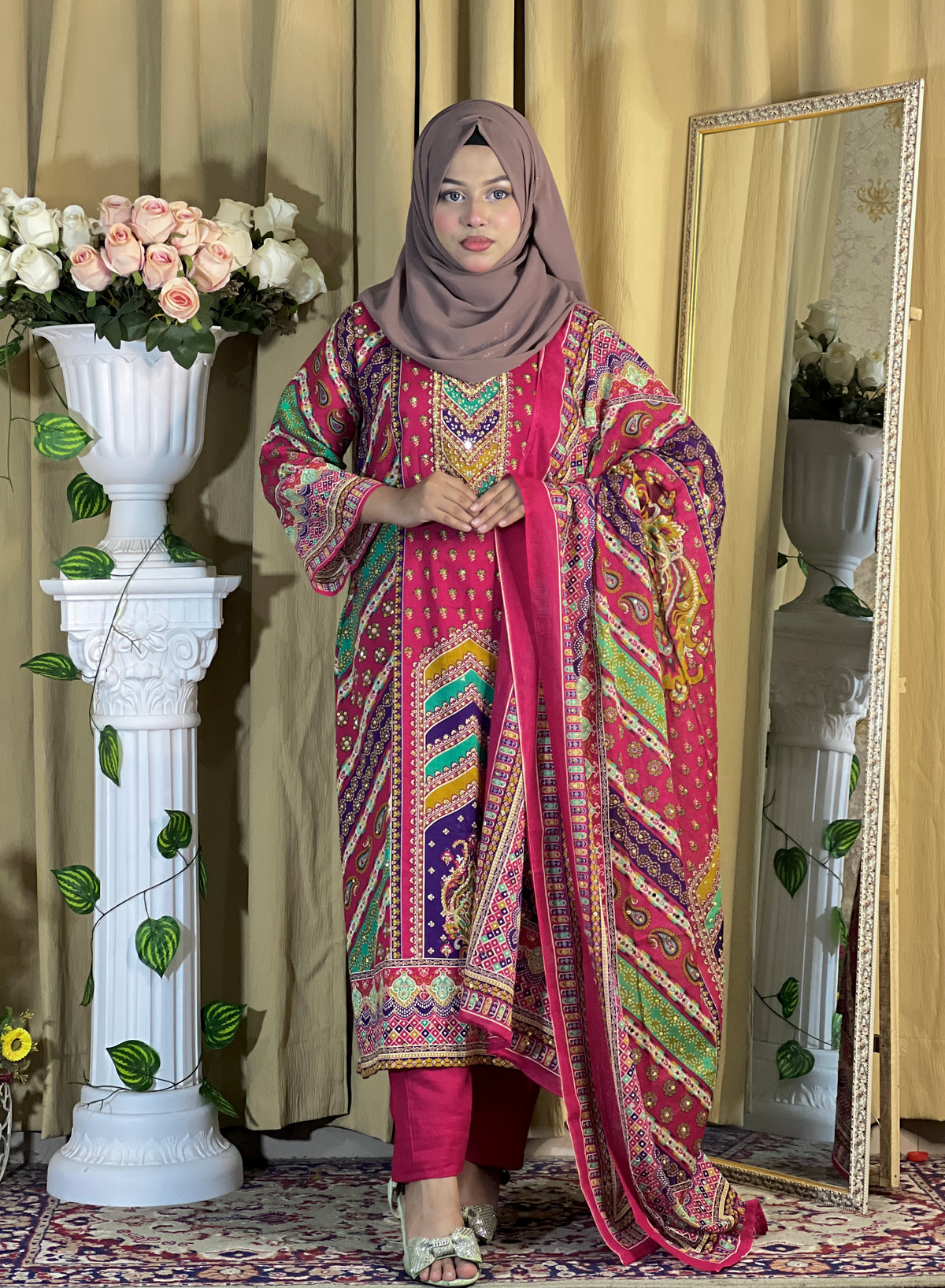 Lahori Cotton Unstitched 3-Piece Suit | All-Over Glass Work