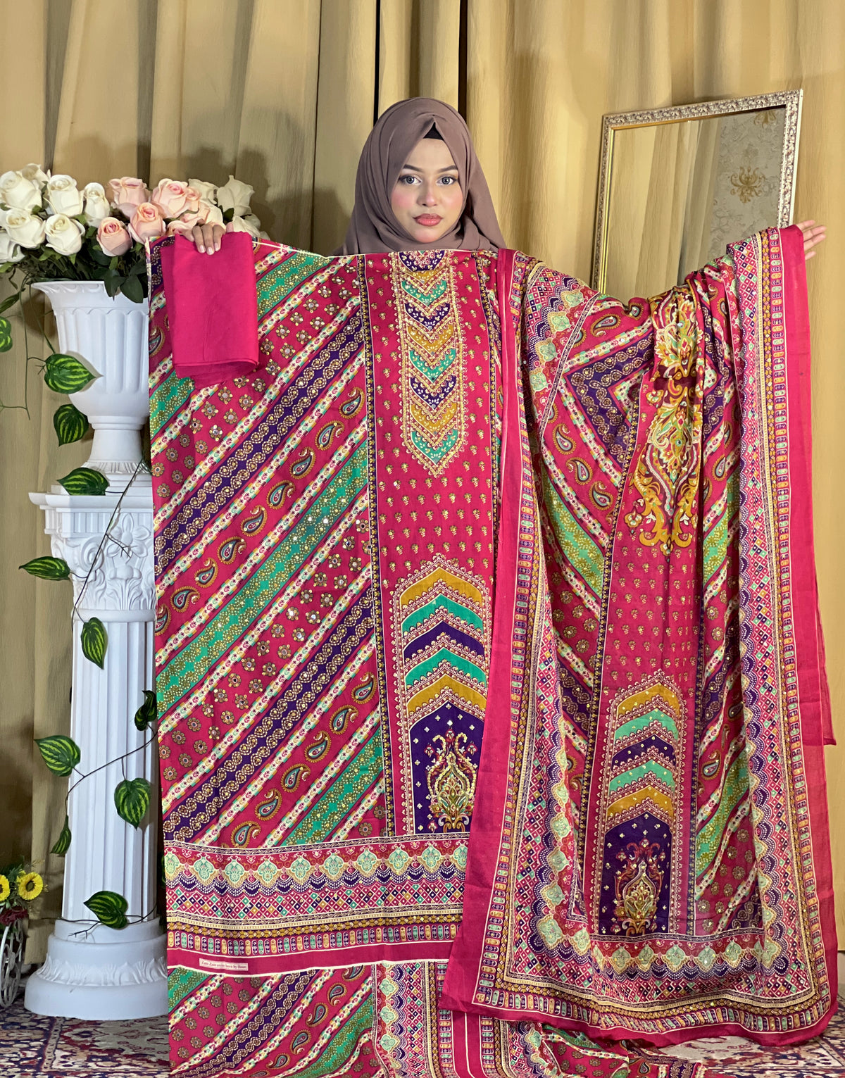 Lahori Cotton Unstitched 3-Piece Suit | All-Over Glass Work