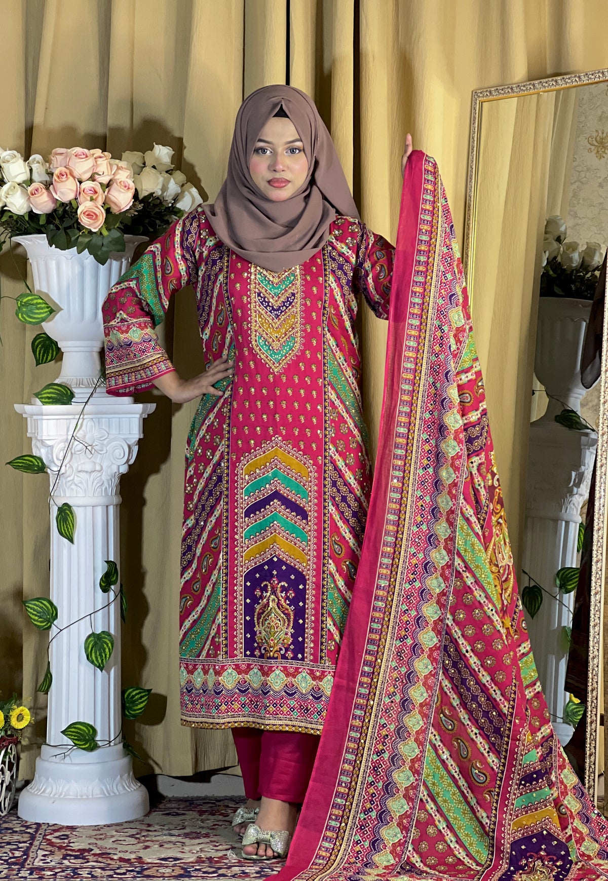 Lahori Cotton Unstitched 3-Piece Suit | All-Over Glass Work