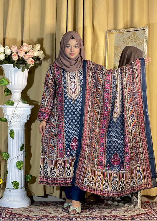 Lahori Cotton Unstitched 3-Piece Suit | All-Over Glass Work