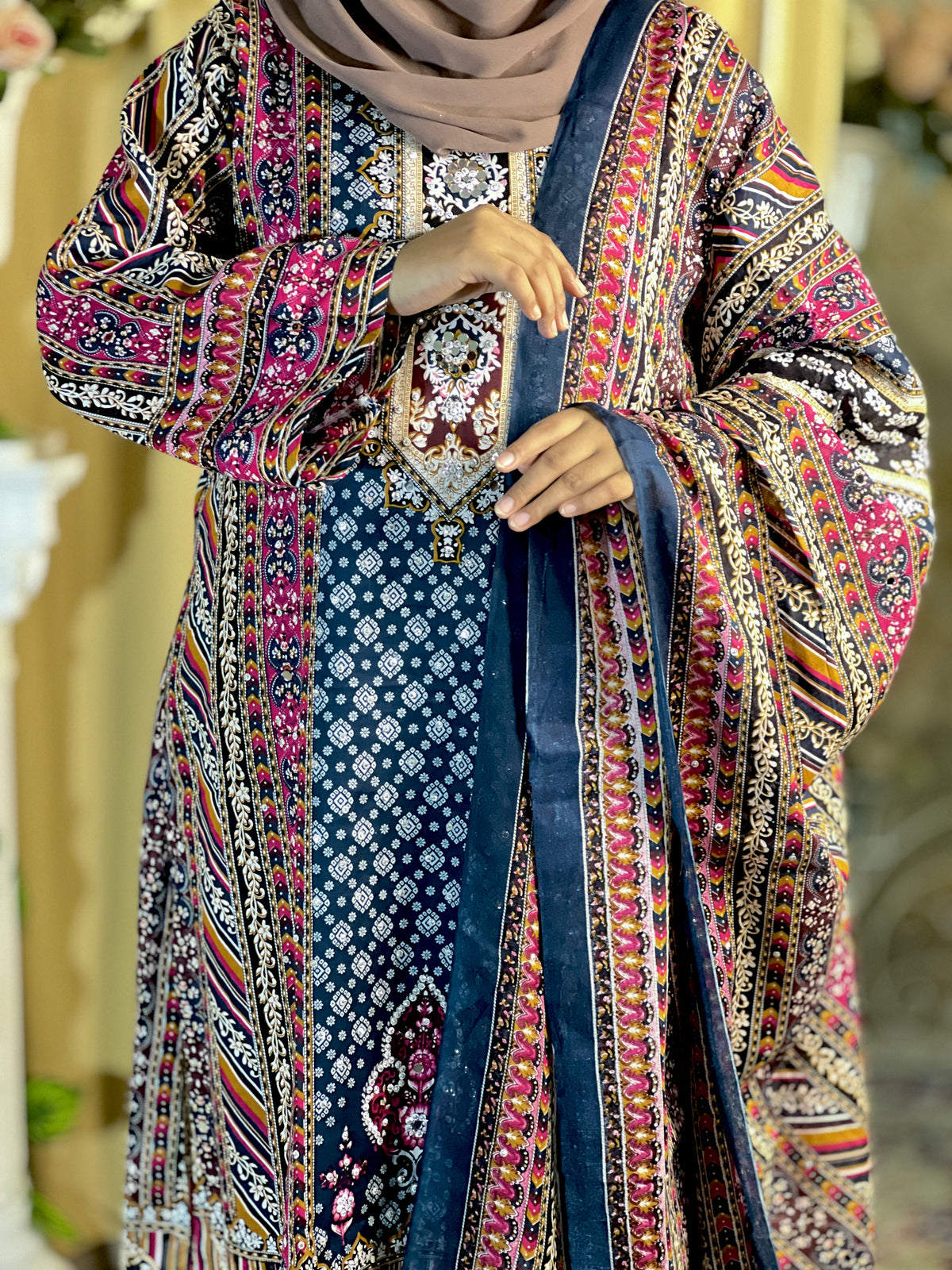 Lahori Cotton Unstitched 3-Piece Suit | All-Over Glass Work